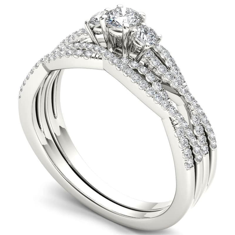 De Couer IGI Certified 14k White Gold 1/2ct TDW Diamond Three-Stone Anniversary Ring with One Band