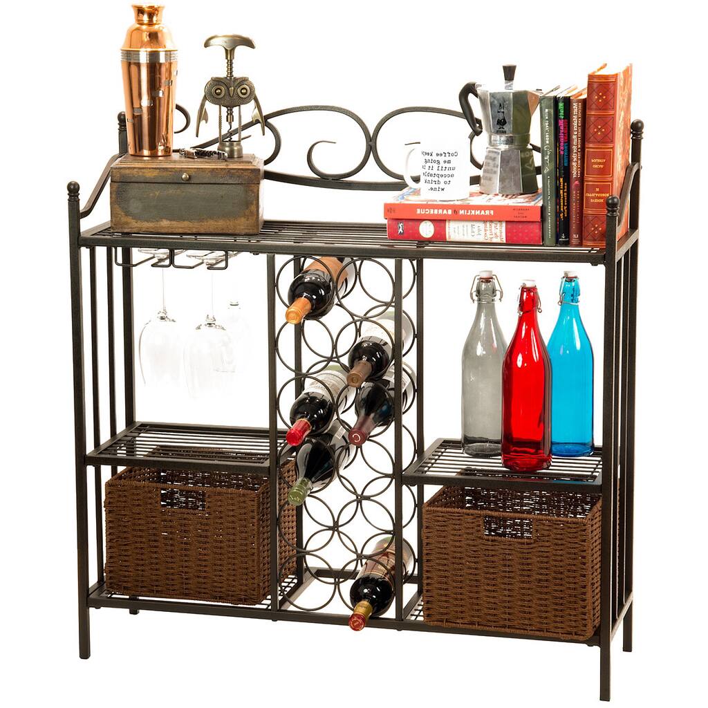Wine Storage Rack With Rattan Style Storage Baskets