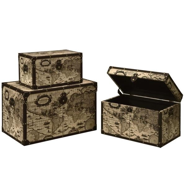 Brady Rustic Map Design Nesting Storage Trunk Set (Set of 3)