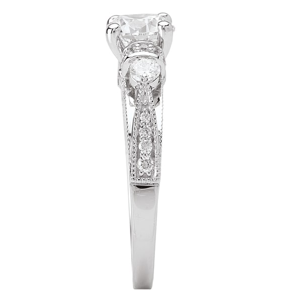 Clear Cubic Zirconia Center Designer Beaded Sides Ring Rhodium Plated Sterling Silver