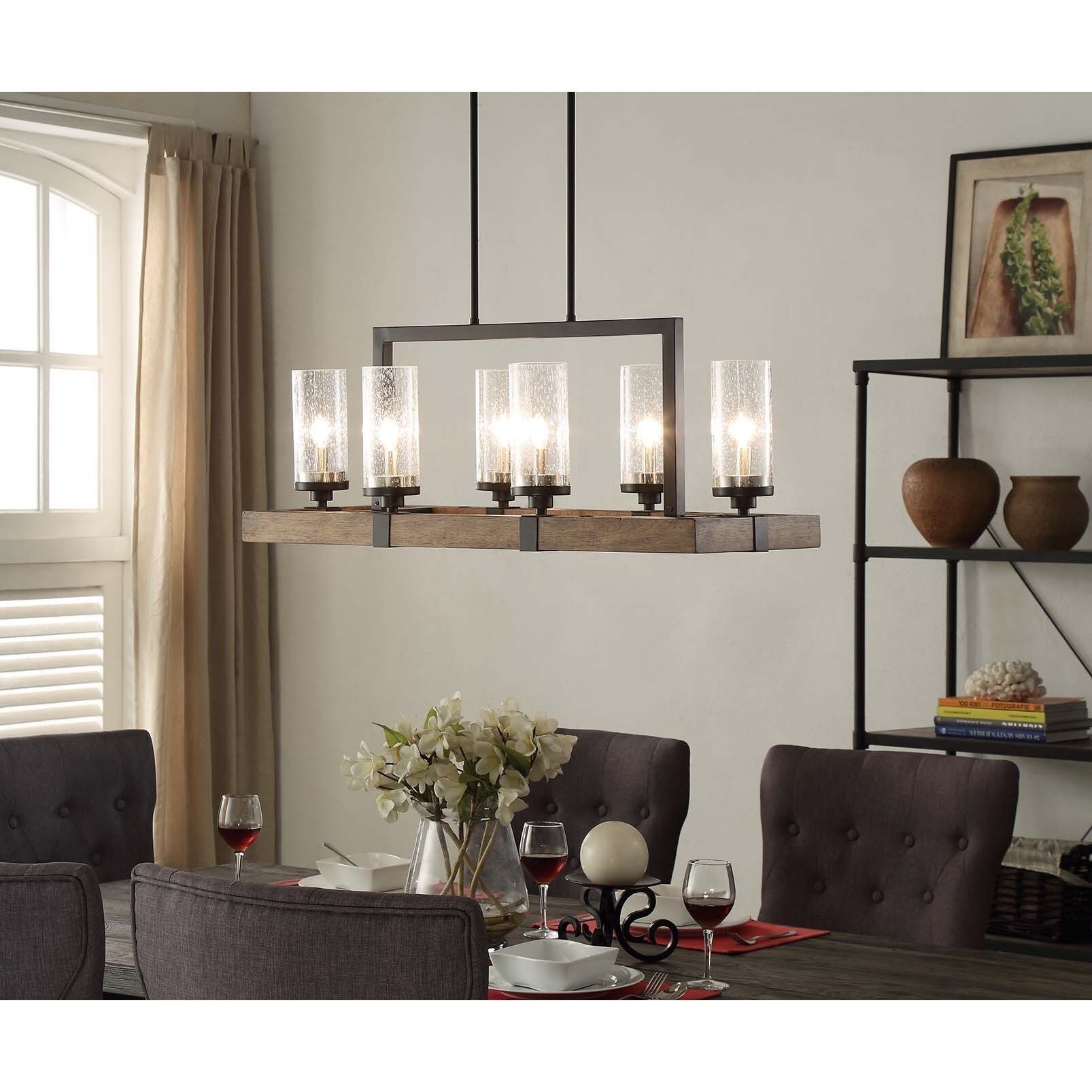The Gray Barn Vineyard Metal And Wood 6 Light Chandelier With Seeded Gl Shades