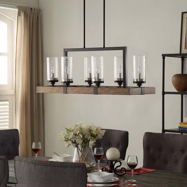 The Gray Barn Vineyard Metal and Wood 6-light Chandelier with Seeded Glass Shades
