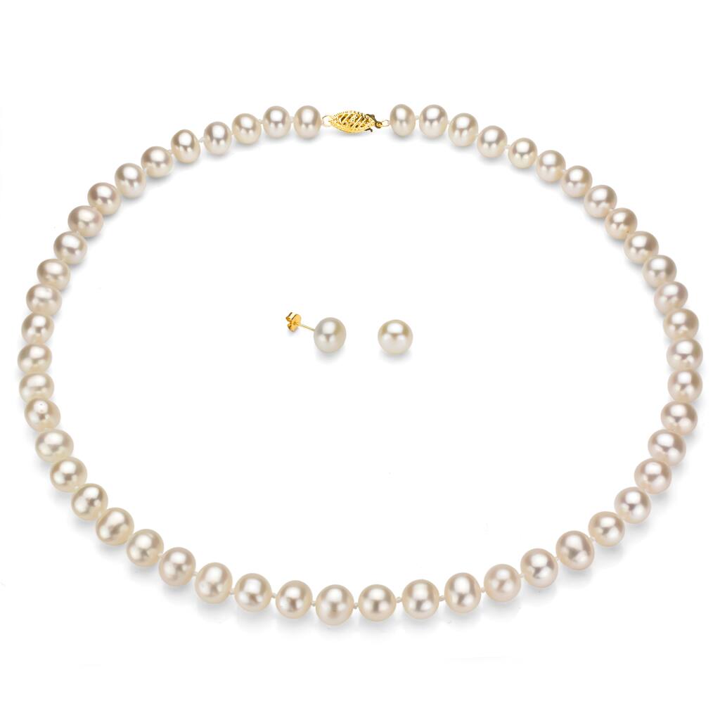 DaVonna 14k Gold White Freshwater Pearl Necklace Earring Set with Gift Box