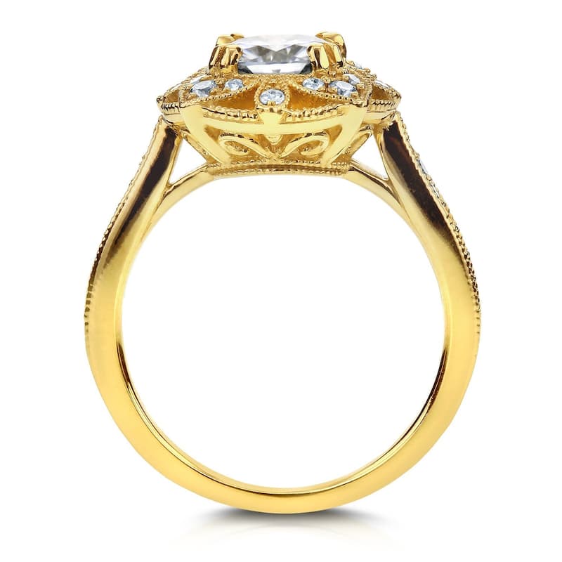 Annello by Kobelli 14k Yellow Gold 1 1/3ct TGW Cushion Moissanite and Diamond Floral Antique Ring