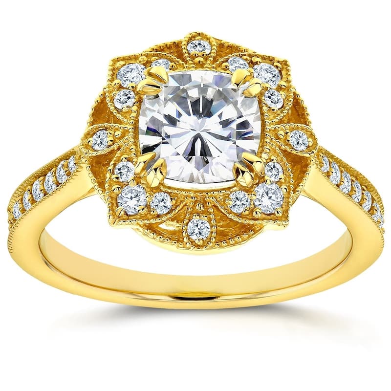Annello by Kobelli 14k Yellow Gold 1 1/3ct TGW Cushion Moissanite and Diamond Floral Antique Ring
