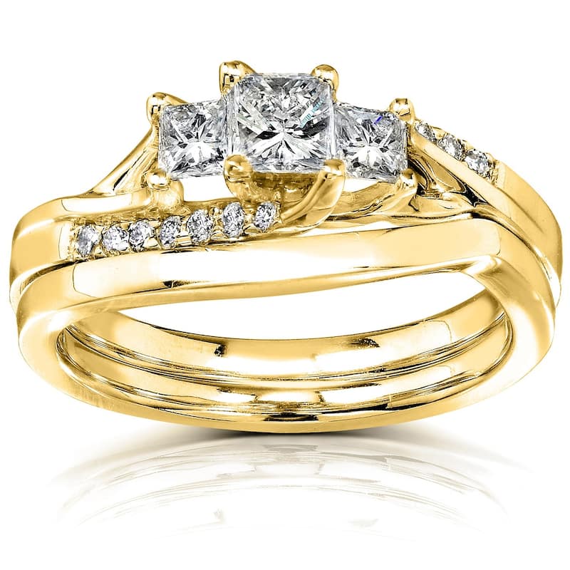 Annello by Kobelli 14k Yellow Gold 1/2ct TDW Princess Diamond Curved Three Stone Bridal Ring Set - 4