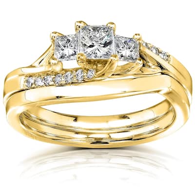 Annello by Kobelli 14k Yellow Gold 1/2ct TDW Princess Diamond Curved Three Stone Bridal Ring Set