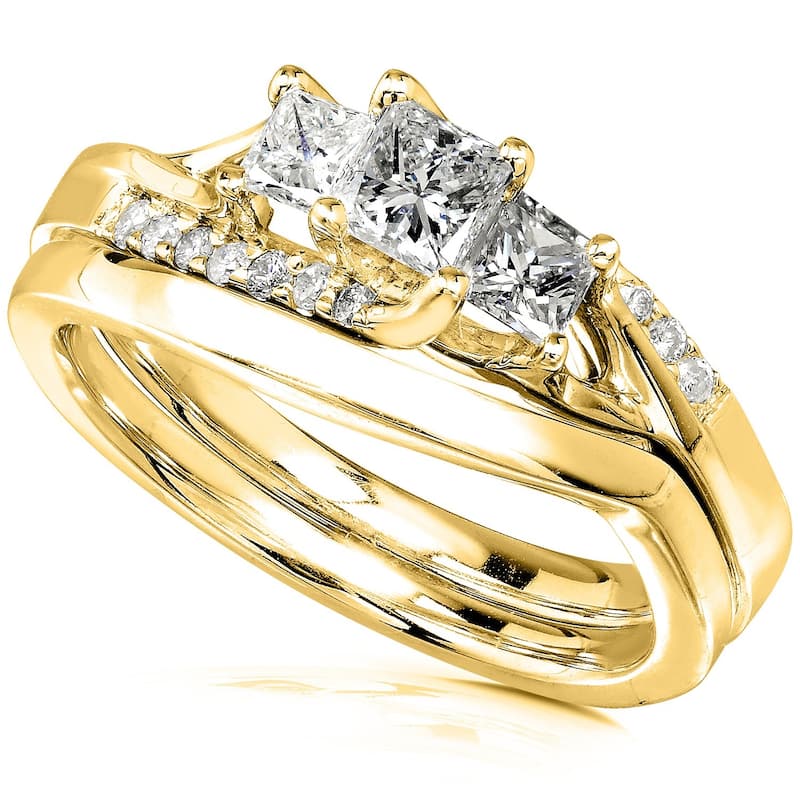 Annello by Kobelli 14k Yellow Gold 1/2ct TDW Princess Diamond Curved Three Stone Bridal Ring Set