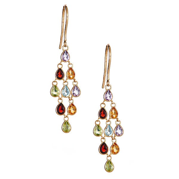 14K White Gold Chandelier Earrings With Colorful Semiprecious Gemstones