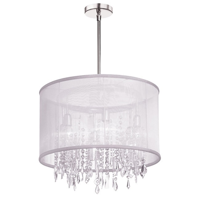 Dainolite 6-light Crystal Polished Chrome Chandelier in White Organza Drum Shade (Light) - Chandeliers For Bedrooms by Overstock.com