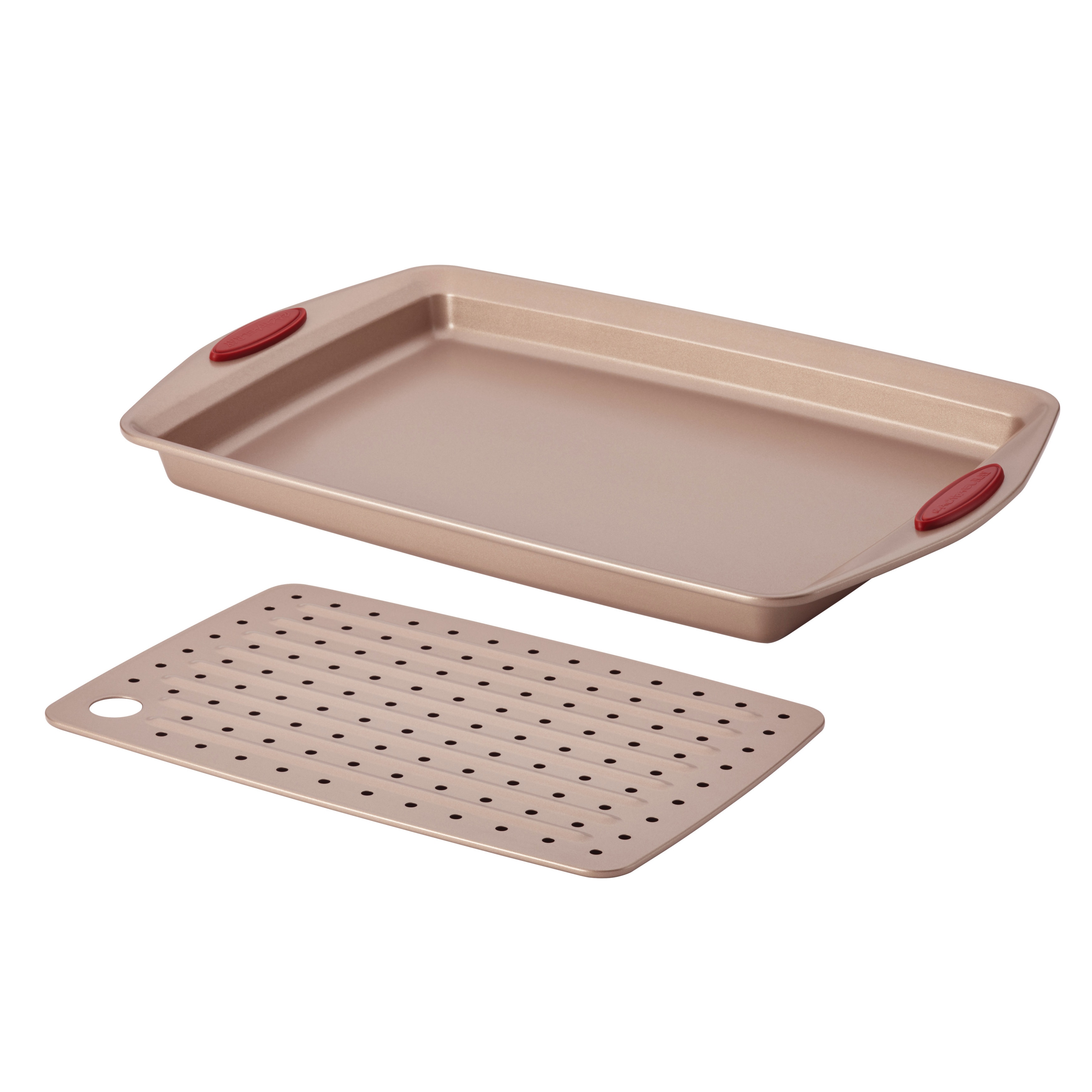 Rachael Ray Cucina Nonstick Bakeware Set with Grips, Nonstick Cookie Sheet  / Baking Sheet with Crisper Pan - 2 Piece, Latte Brown with Cranberry Red