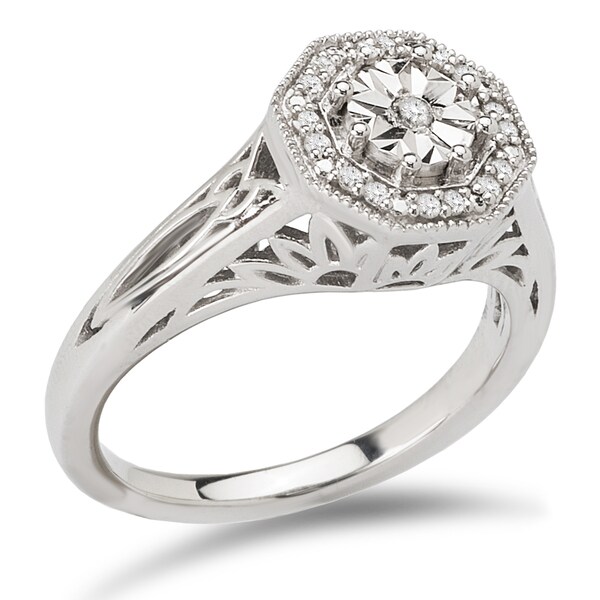 Avanti Sterling Silver 1/10ct TDW Octogonal Halo Vintage Diamond Engagement Ring