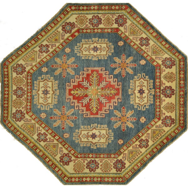 Shop New Geometric Octagon Baby Blue Super Kazak Handknotted Wool Area