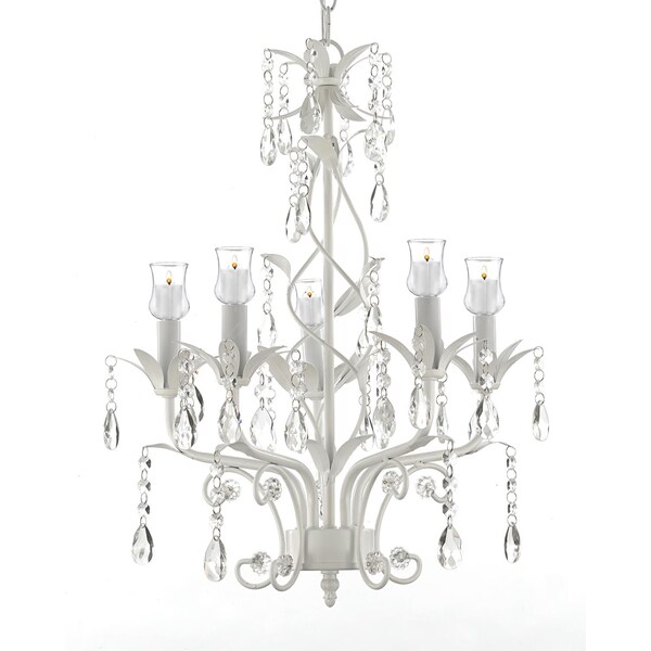 Wrought Iron Crystal 5 Light White Chandelier W Candle Wrought Iron Crystal 5 Light White Chandelier W Candle Votives Indoor