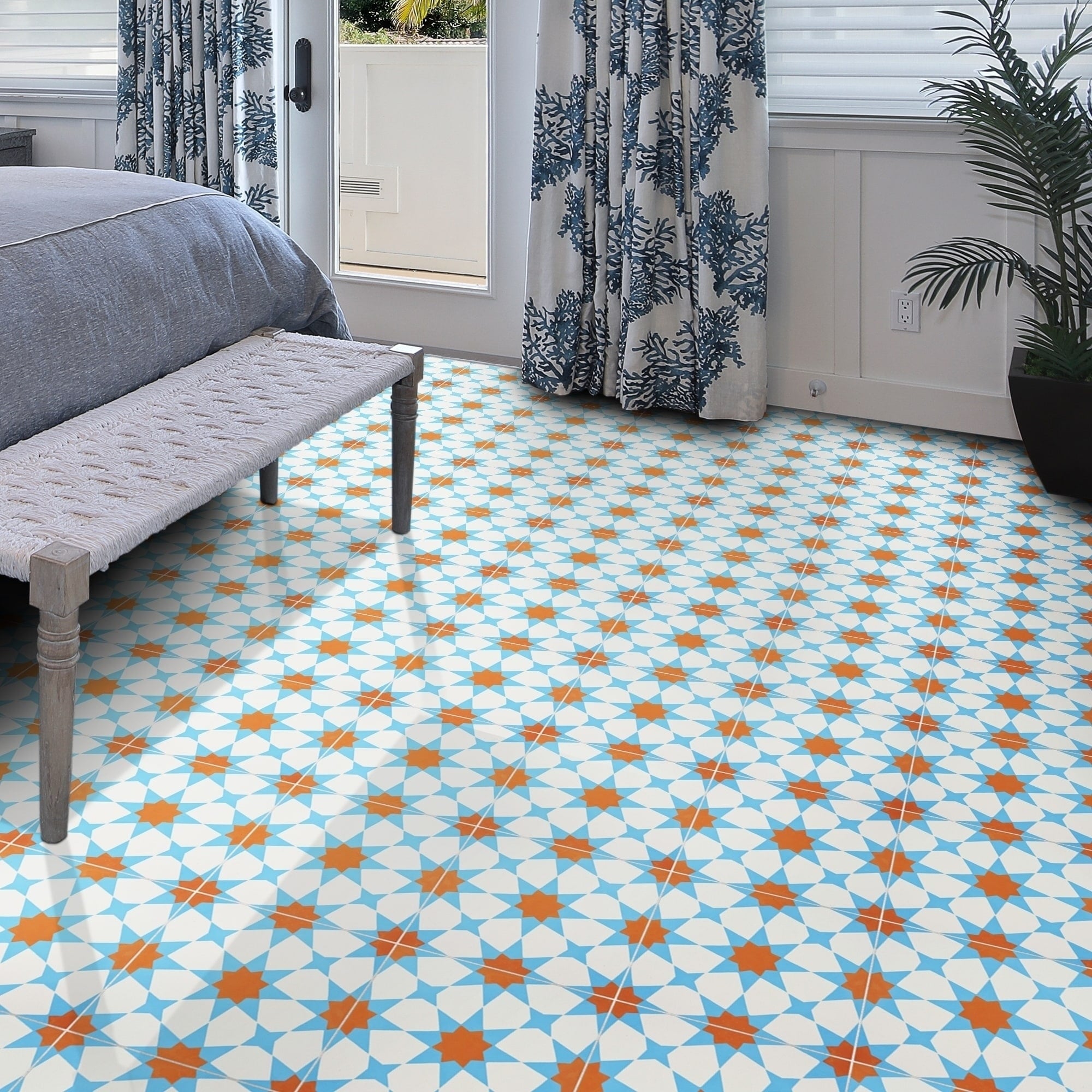 Vinyl Area Rug With Moroccan Tiles Design in Blue and Beige. 