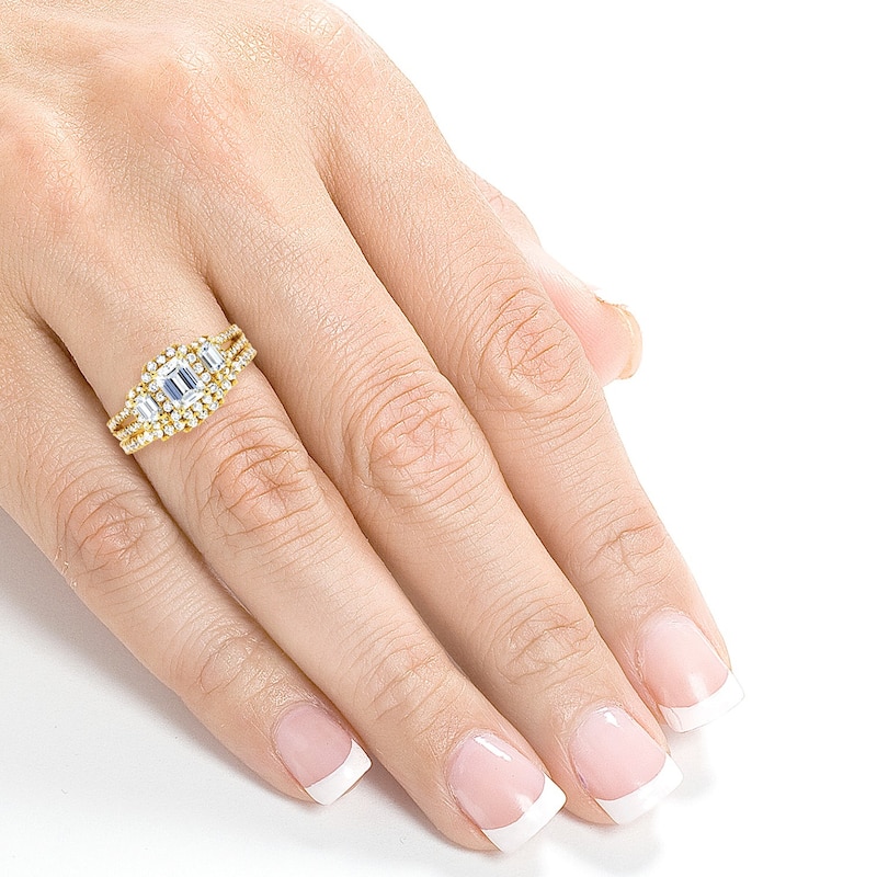 Annello by Kobelli 14k Yellow Gold 1 1/2ct TDW Three Stone Emerald Shape Diamond Bridal Rings Set