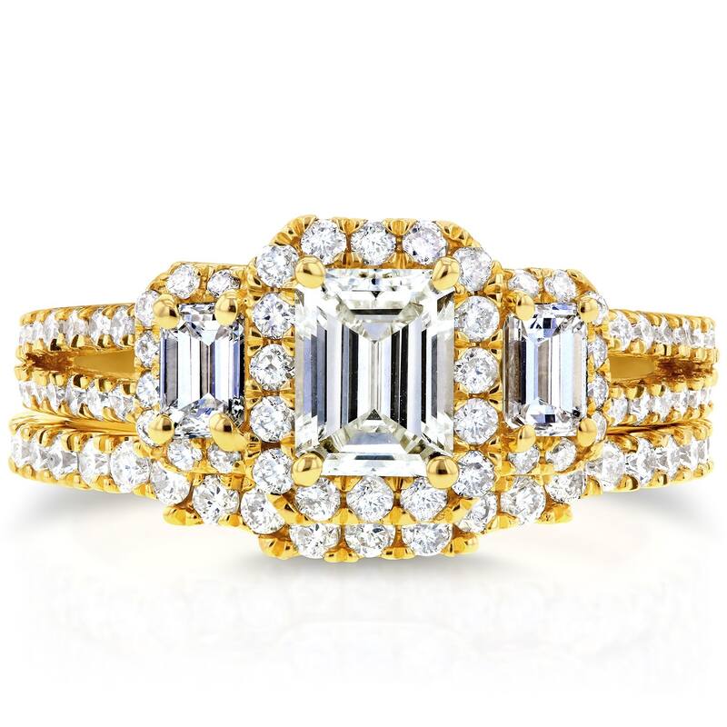 Annello by Kobelli 14k Yellow Gold 1 1/2ct TDW Three Stone Emerald Shape Diamond Bridal Rings Set