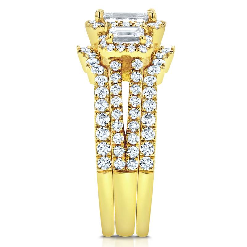 Annello by Kobelli 14k Yellow Gold 1 3/4ct TDW Three Stone Emerald Shape Diamond Bridal Rings 3-Piec