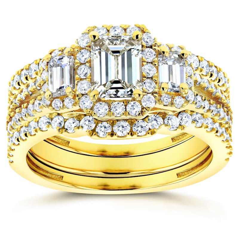 Annello by Kobelli 14k Yellow Gold 1 3/4ct TDW Three Stone Emerald Shape Diamond Bridal Rings 3-Piec - 4