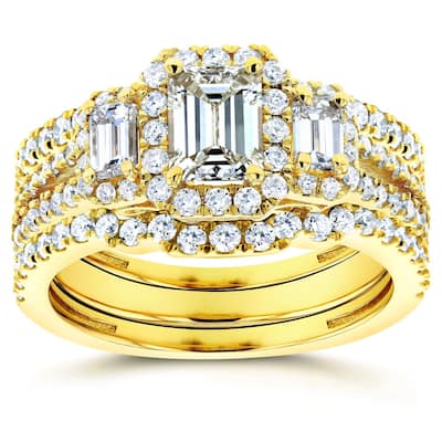 Annello by Kobelli 14k Yellow Gold 1 3/4ct TDW Three Stone Emerald Shape Diamond Bridal Rings 3-Piec