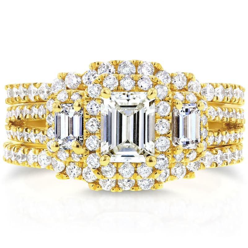 Annello by Kobelli 14k Yellow Gold 1 3/4ct TDW Three Stone Emerald Shape Diamond Bridal Rings 3-Piec