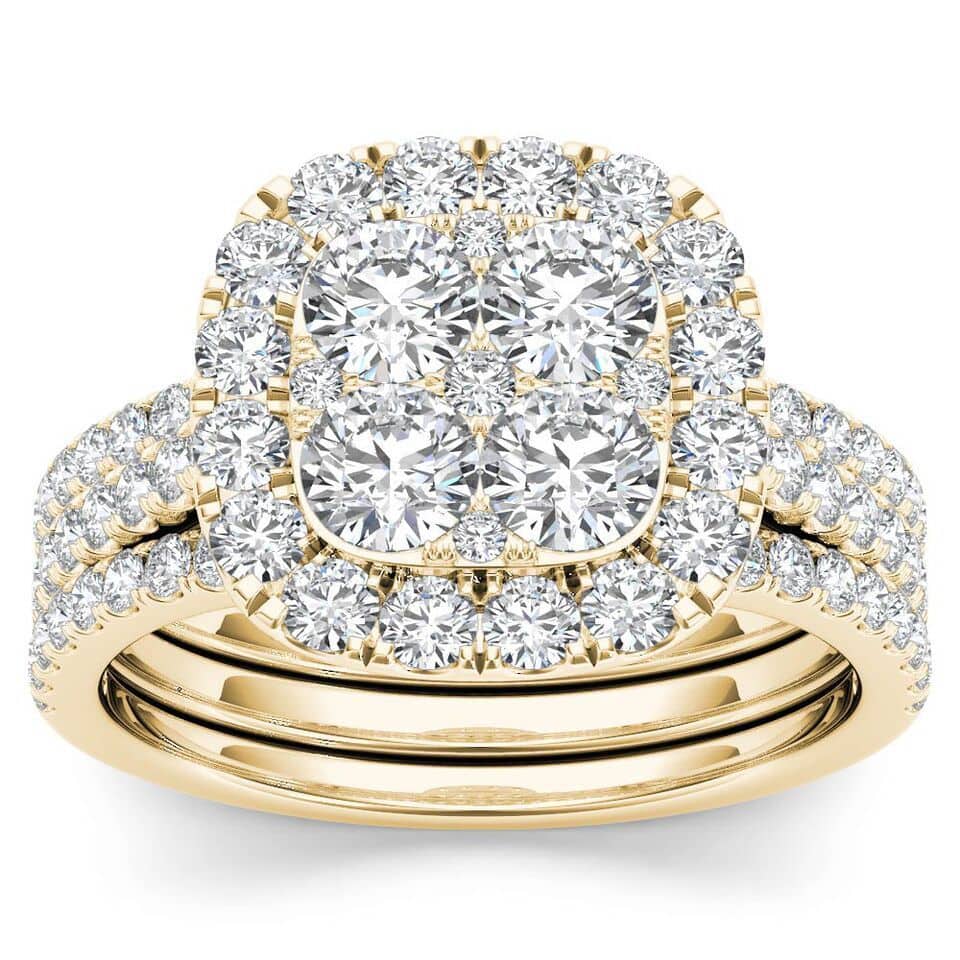 De Couer IGI Certified 14k Yellow Gold 2ct TDW Diamond Halo Engagement Ring Set with Two Bands