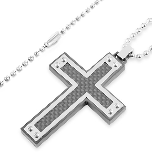 West Coast Jewelry Crucible Black Plated Stainless Steel Black Carbon Fiber Inlay and Screw Accents Cross Pendant