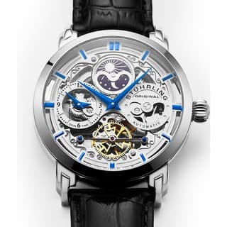 Stuhrling Original Men's 371 Series Skeleton Dial, Dual Time, AM/PM Sun Moon Stainless Steel Automatic Watch with Leather Band