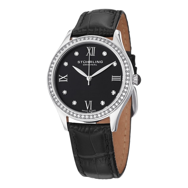 Stuhrling Original Womens Vogue Swiss Quartz Black Crystal Leather