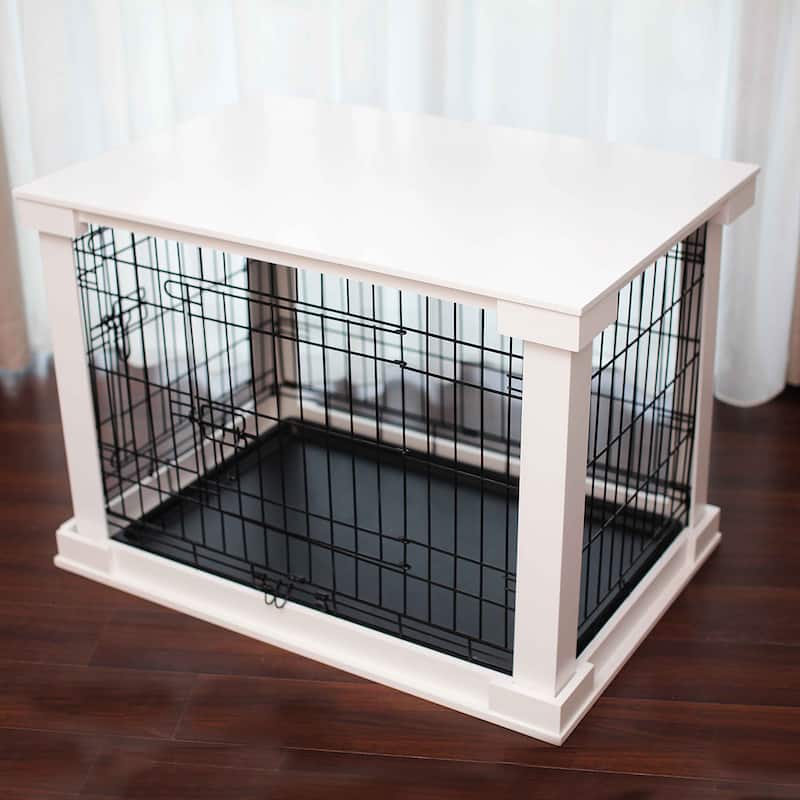 Merry Products White Wooden Pet Kennel with Crate Cover