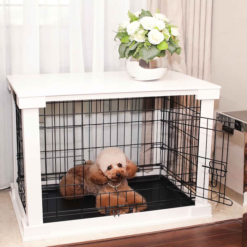 Merry Products White Wooden Pet Kennel with Crate Cover