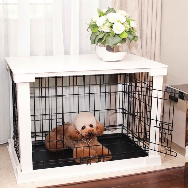 Merry Products White Wooden Pet Kennel with Crate Cover Bed Bath