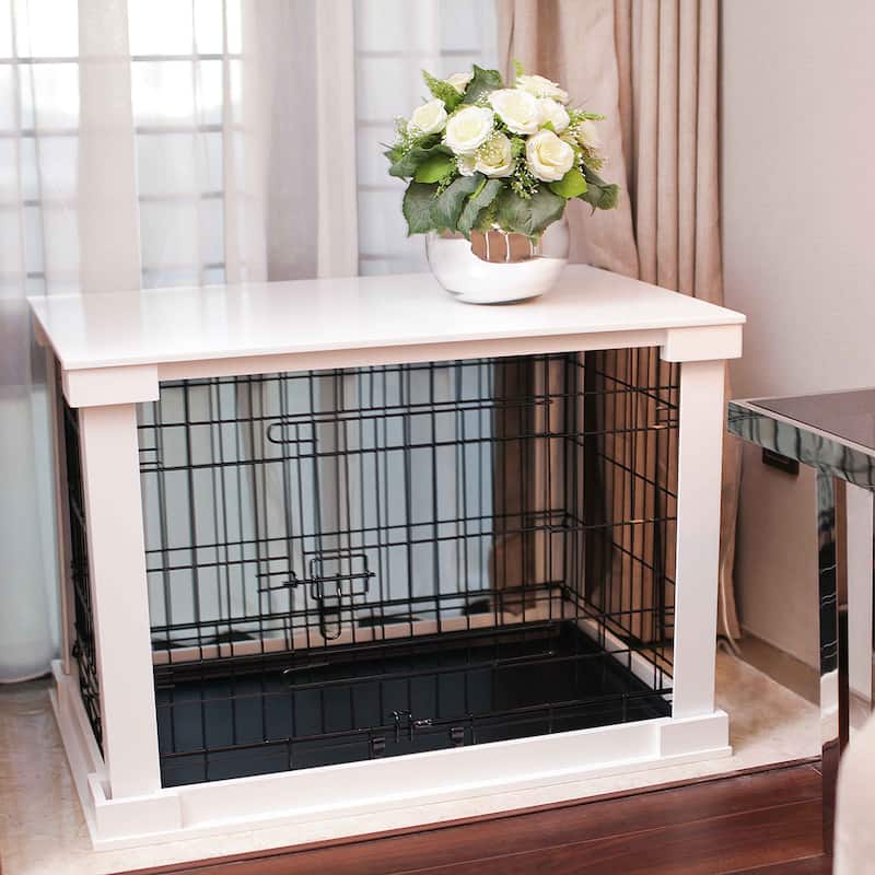 Merry Products White Wooden Pet Kennel with Crate Cover