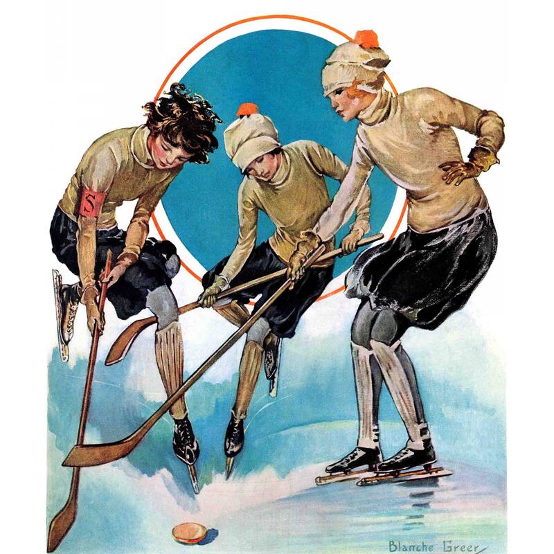 Marmont Hill - "Girls Playing Ice Hockey" by Blanche Greer Painting Print on Canvas - Multi-Color