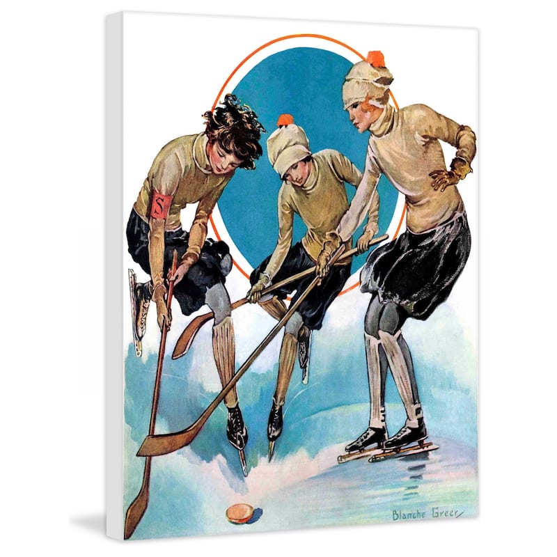 Marmont Hill - "Girls Playing Ice Hockey" by Blanche Greer Painting Print on Canvas - Multi-Color