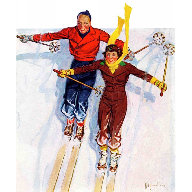 Marmont Hill - "Couple Downhill Skiing" by R.J. Cavaliere Painting Print on Canvas - Multi-Color