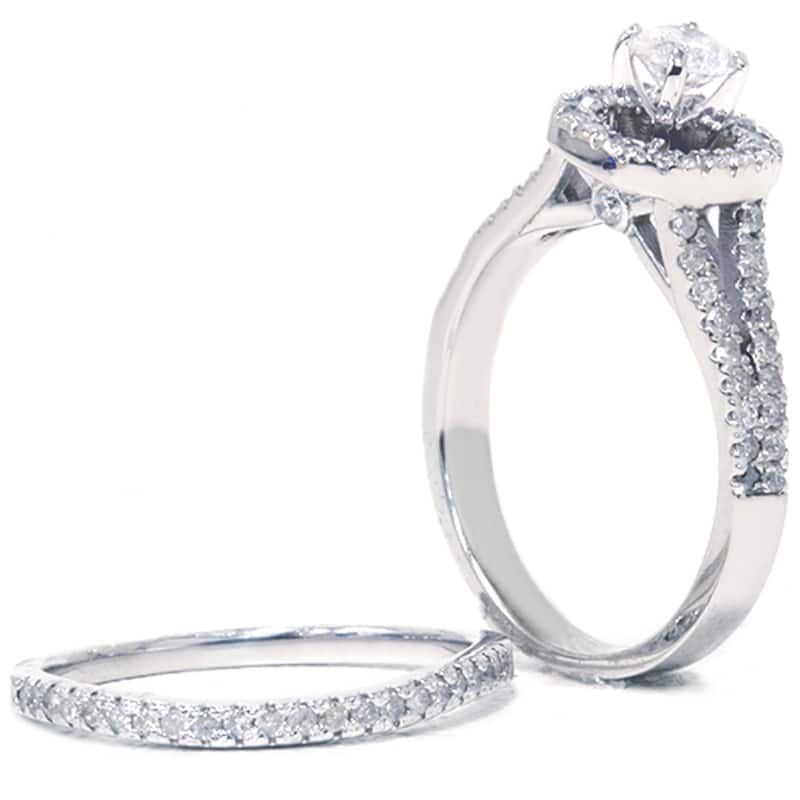 14k White Gold 1ct TDW Diamond Halo Engagement Wedding Ring Set