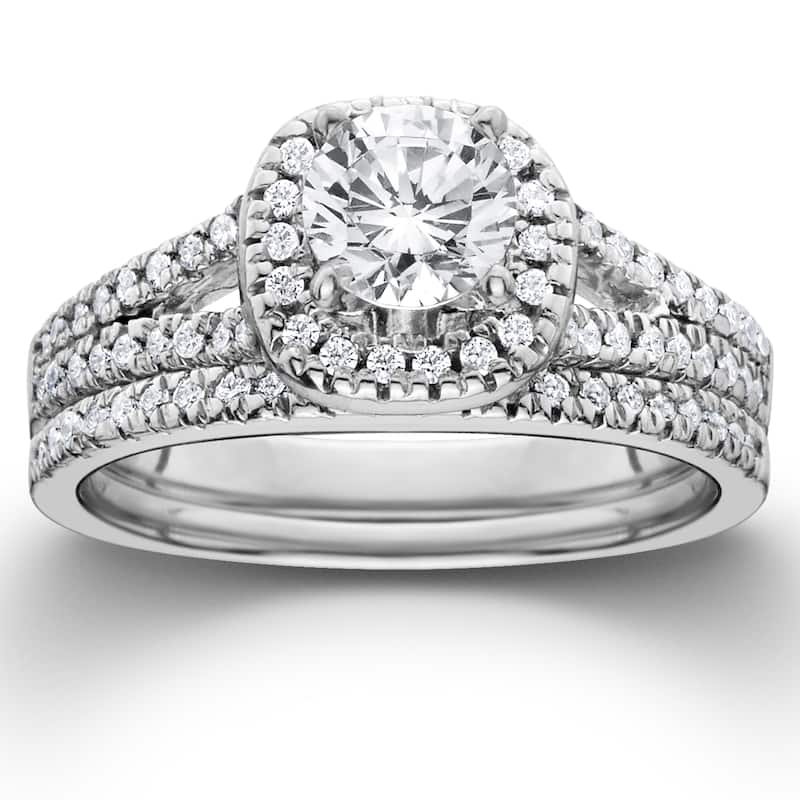 14k White Gold 1ct TDW Diamond Halo Engagement Wedding Ring Set - 4