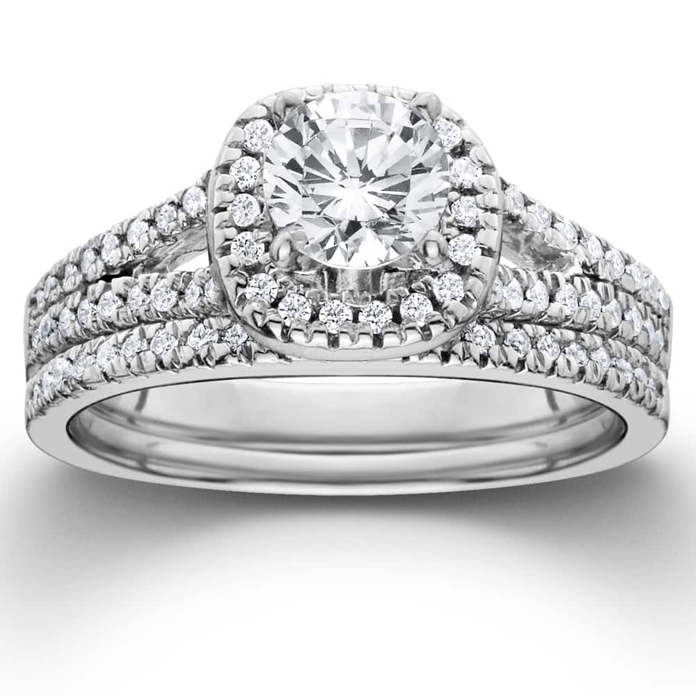 14k White Gold 1ct TDW Diamond Halo Engagement Wedding Ring Set