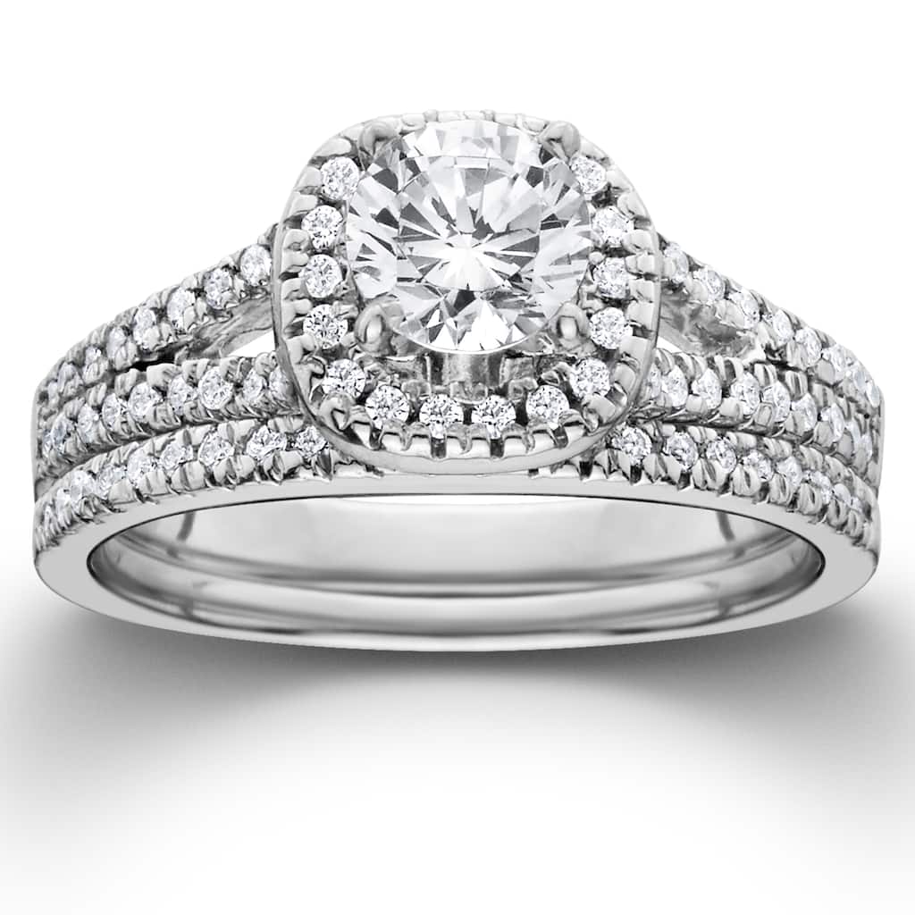 14k White Gold 1ct TDW Diamond Halo Engagement Wedding Ring Set