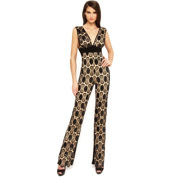 Sentimental NY Womens V Neck Faux Leather Crochet Jumpsuit