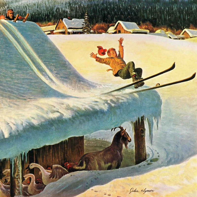 Marmont Hill - "Barn Skiing" by John Clymer Painting Print on Canvas