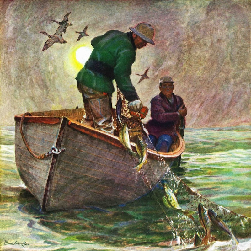 Marmont Hill - "Fishing with Nets" by Mead Schaeffer Painting Print on Canvas - Multi-Color