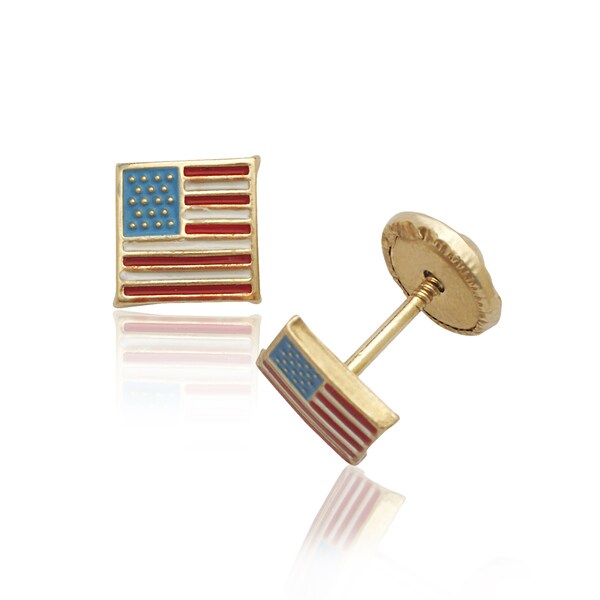 14k Yellow Gold Enamel American Flag Screw-back Earrings