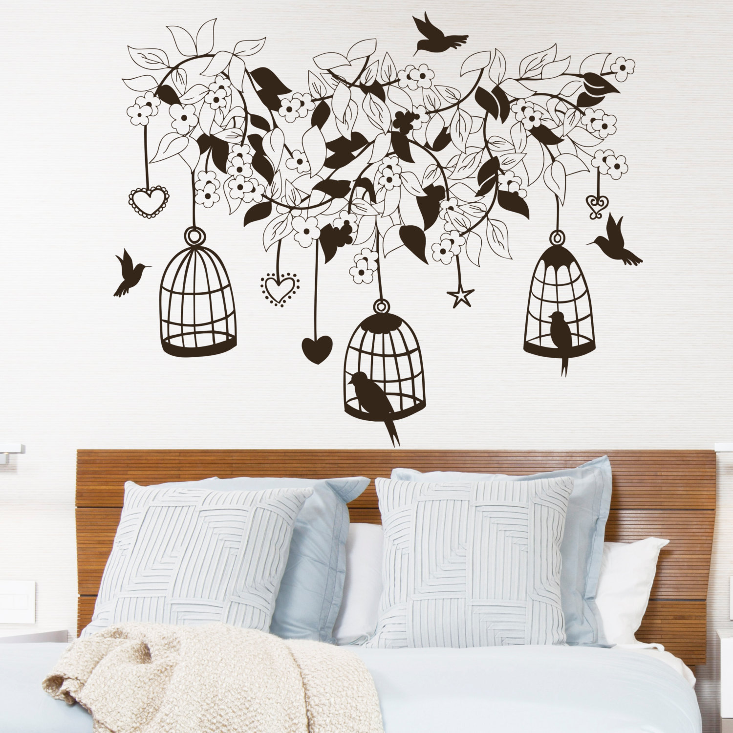 Pink & Black, 48x58 inches 6 Birdcages and 12 Birds Vinyl Wall Decals DIY Removable Room Decor Sticker Art for Home Design 