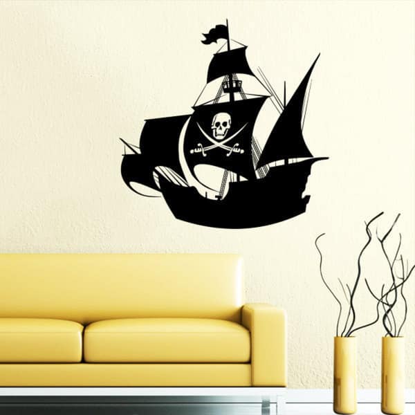 Pirate Ship Mural Sea Ocean Nautical Black Vinyl Sticker Wall Art - Bed ...