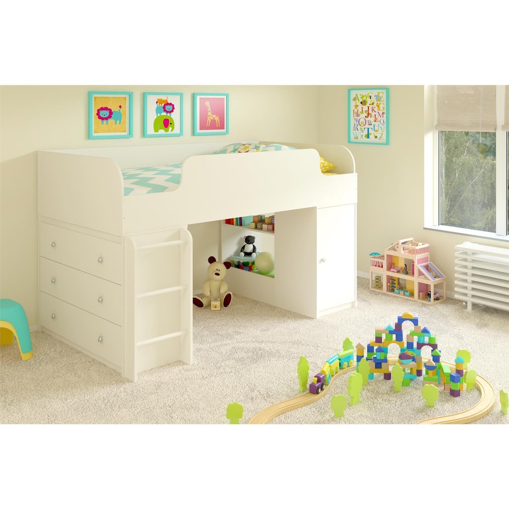 Ameriwood Home Elements White Loft Bed with Dresser and Toy Box Bookcase by Cosco