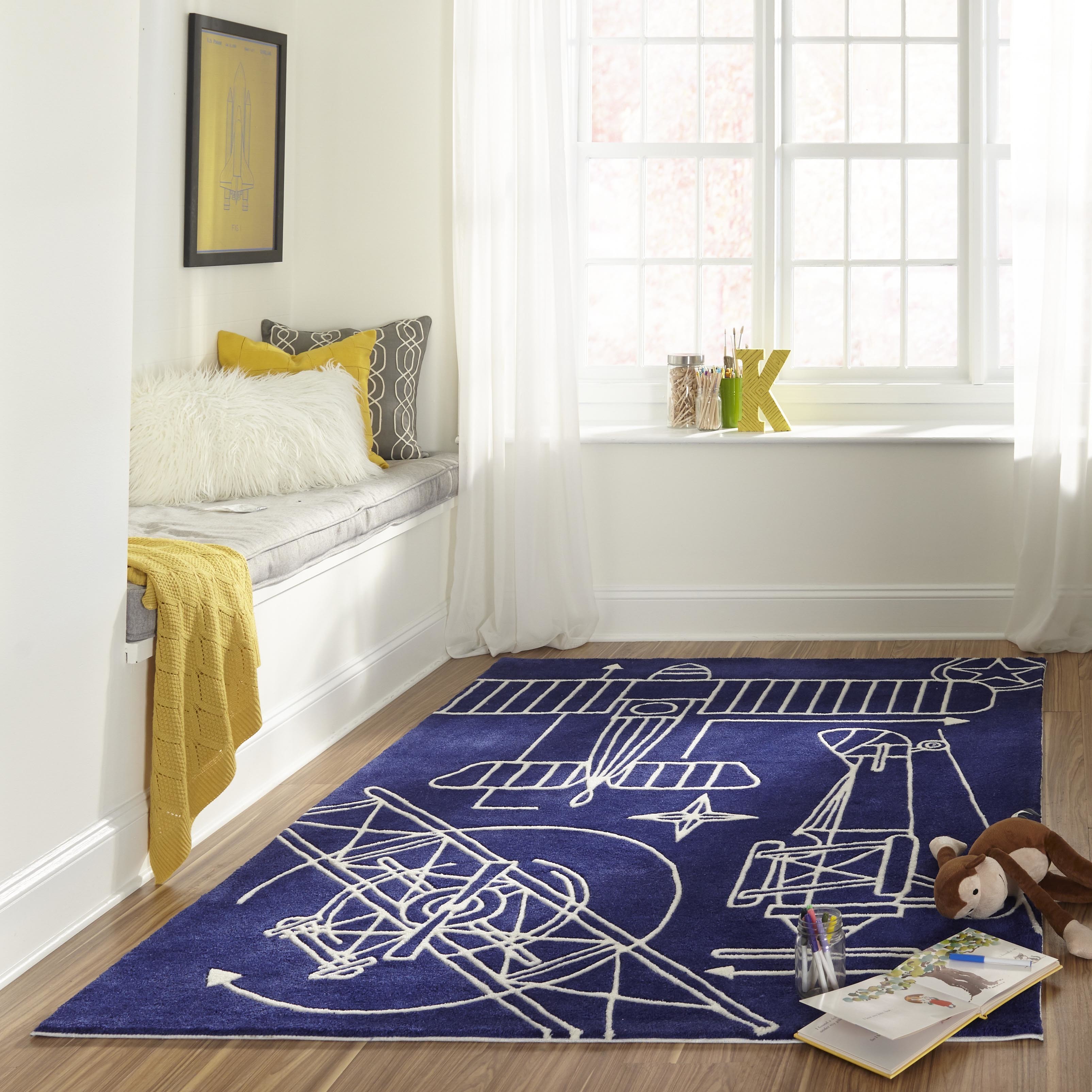Momeni Lil Mo Hipster Navy Airplane Blueprint Hand Tufted Rug 8 X 10 8 X 10