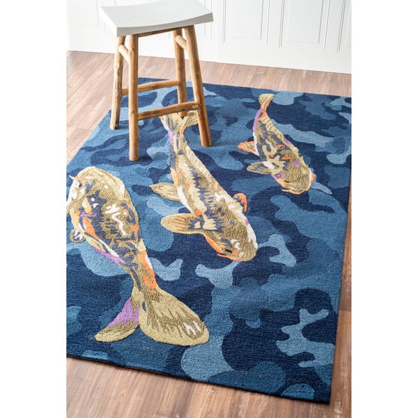 nuLOOM Handmade Nautical Koi Fish Grey/ Blue Rug (7'6 x 9 ...