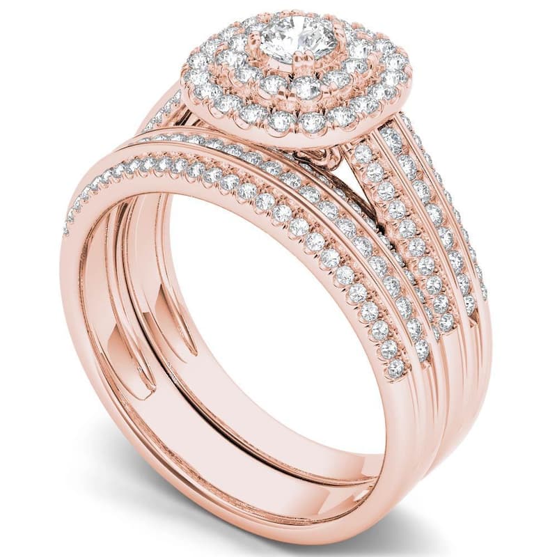 De Couer 10k Rose Gold 1ct TDW Double Halo Diamond Bridal Set - Pink
